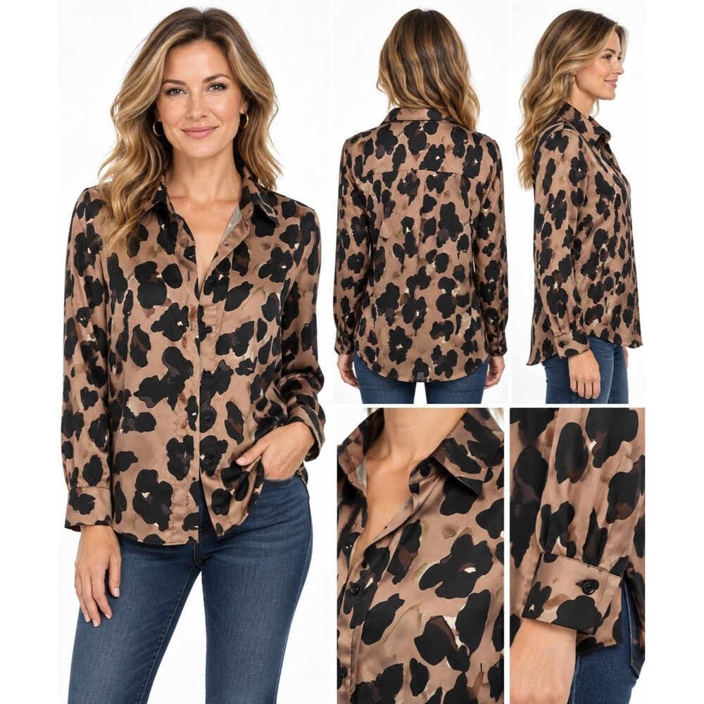 Women’s Size Small Silky Leopard Abstract Print Button Down Blouse Stretch